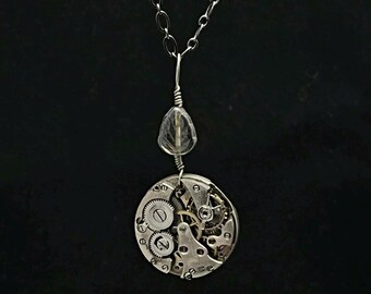 Steampunk Necklace - Green Glass Leaf and Antique Pocket Watch