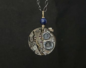 Steampunk Necklace - Blue Lapis Lazuli and Antique Pocket Watch