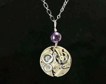 Steampunk Necklace - Purple Amethyst and Antique Pocket Watch
