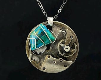 Steampunk Necklace - Blue-Green Crysocolla and Antique Pocket Watch