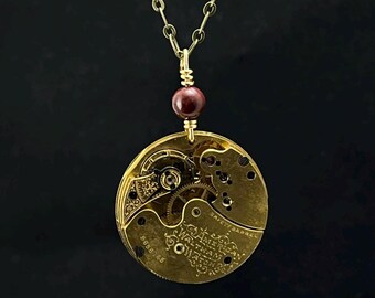 Steampunk Necklace - Red Apple Jasper and Antique Pocket Watch