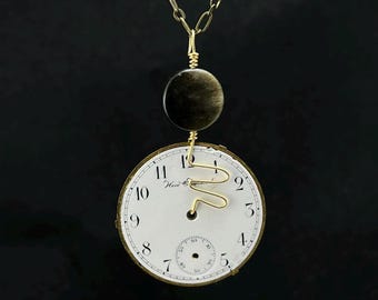 Steampunk Necklace - Brown Golden Obsidian and Antique Pocket Watch Dial