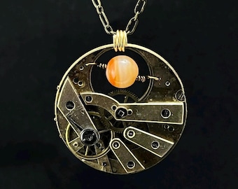 Steampunk Necklace - Orange Agate and Antique Pocket Watch