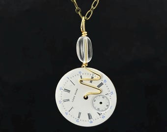 Steampunk Necklace - Clear Crystal and Antique Pocket Watch Dial