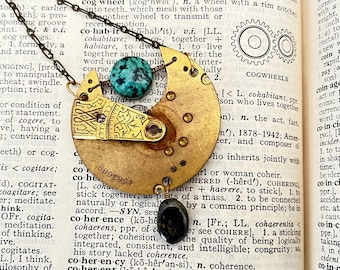 Steampunk Necklace - Green Kyanite and African Turquoise with Antique Pocket Watch Plate