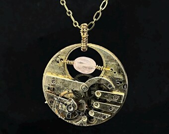 Steampunk Necklace - Pink Rose Quartz and Antique Pocket Watch