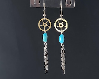 Turquoise Steampunk Earrings – Antique Brass Watch Gear Tassels, Chain Dangles