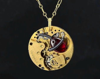 Steampunk Necklace - Red Glass and Antique Pocket Watch