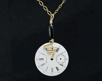 Steampunk Necklace - Black Onyx Antique Pocket Watch Dial