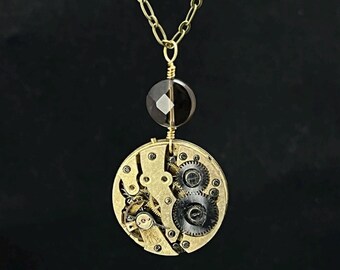 Steampunk Necklace - Brown Smoky Quartz and Antique Pocket Watch
