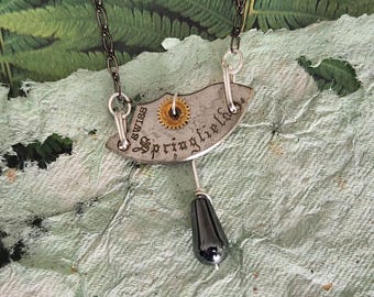 Steampunk Hematite & Watch Bridge Necklace - Antique Silver-Tone Filigree Pendant - Upcycled Jewelry