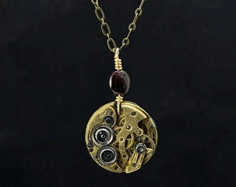Steampunk Necklace - Purple-Red Garnet and Antique Pocket Watch
