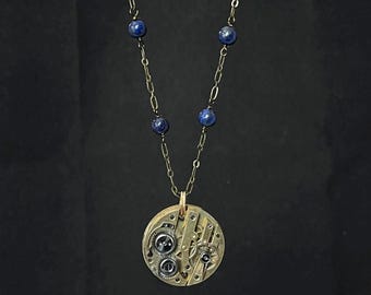 Steampunk Necklace - Blue Lapis Lazuli and Antique Pocket Watch