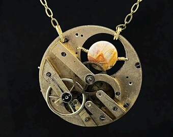 Steampunk Necklace - Orange Mexican Laguna Lace Agate and Antique Pocket Watch