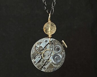 Steampunk Necklace - Yellow Citrine and Antique Pocket Watch
