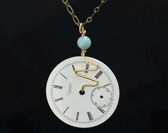 Steampunk Necklace - Blue Amazonite and Antique Pocket Watch Dial