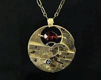 Steampunk Necklace - Purple-Red Garnet and Antique Pocket Watch