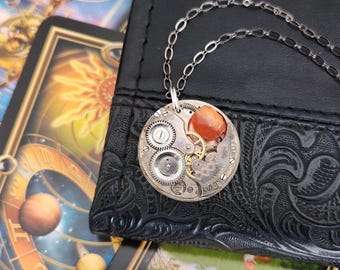 Reiki Infused Steampunk Necklace - Antique Movement with Orange Carnelian - Upcycled Mechanical Jewelry