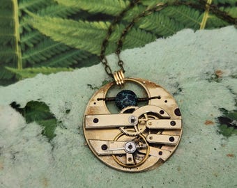 Steampunk Necklace - Blue Sea Sediment Matrix and Antique Pocket Watch
