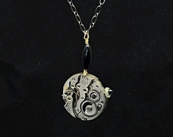 Steampunk Necklace - Black Onyx and Antique Pocket Watch