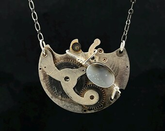 Steampunk Necklace - Gray Iridescent Mother of Pearl with Antique Pocket Watch Plate