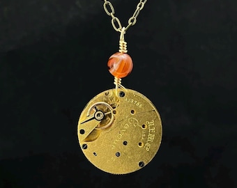Steampunk Necklace - Orange Agate and Antique Pocket Watch