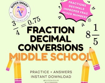 Foglio di lavoro per la conversione di frazioni e decimali / Matematica per la scuola media (stampabile)