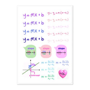 May include: White rectangular sticker featuring mathematical equations and formulas. Equations include "y = mx + b" and "y - y1 = m(x - x1)". Diagrams illustrate slope and y-intercept. Includes a pink heart with the word "Cute".
