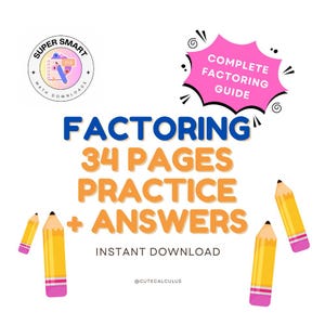 Op de afbeelding: Een digitale download voor een factorisatietraininggids met 34 pagina's oefenopgaven en antwoorden. De gids wordt geadverteerd als een "Complete Factorisatietraininggids" en is geïllustreerd met twee gele potloden en een spreekballon met een roze achtergrond.