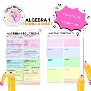 May include: An Algebra 1 formula sheet with equations and examples. The sheet includes formulas for slope, slope-intercept, midpoint, distance, and more. The image also features a fill-in sheet and yellow pencils.