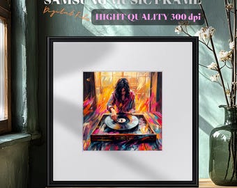 May include: A digital painting of a person playing a record on a turntable. The painting is in a black frame with a white mat. The painting is colorful and abstract, with a focus on the person's hands and the record.