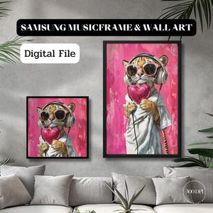 Stijlvolle digitale tijgerkunst | Roze achtergrond en zonnebril | Uniek olieverfschilderij muurkunst voor Samsung muzieklijst trendy interieur