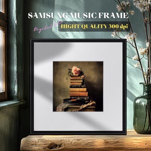Samsung-muzieklijstkunst | Vintage boeken en vinylplaten Art Print | Muzieklijst | muziekkunst aan de muur | Natuurmuziek van hoge kwaliteit | Kunst aan de muur