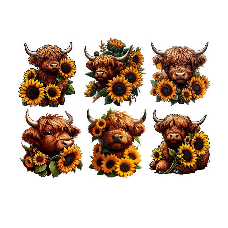 6 PNG Images Highland Cow Sunflowers Clipart Transparent Background ...