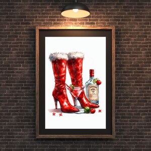Bottoms Up Kunstdruck, Roter Stiefel Martini Wandkunst, Bar Cart Art, Femme Fatale, Cherry Girl Kunstdruck, NYC Aesthetic, Martini Kunstdruck