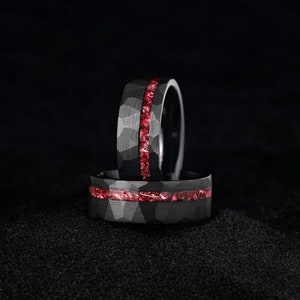 Red Ruby Black Tungsten Carbide Ring | Hammered Ring | Red Nebula Ring  | 8mm Ring |