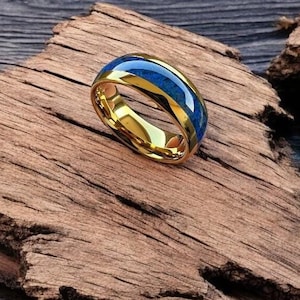 Blue Opal Inlay Tungsten Ring | Gold Tungsten Wedding Ring | | Opal Wedding Bands |  Domed Polished Comfort Fit | 8mm | 6mm