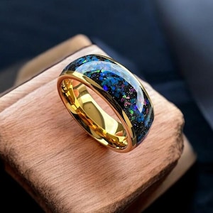 Galaxy Opal Ring | Gold Tungsten Wedding Ring | Opal Gold Ring | Galaxy Wedding Bands | Blue Opal Inlay Ring | 8mm |