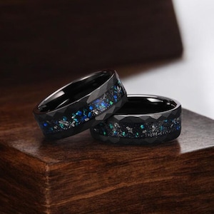 Anel de aço de carboneto de tungstênio preto Anel de ajuste confortável | Bandas Galaxy | Anel de tungstênio martelado | | Anel de tungstênio do espaço sideral | 8 mm |