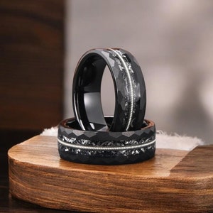 Black Tungsten Hammered Ring | Meteorite and Guitar String Inlay Wedding Band | Black Wedding Rings | Comfortable Daily Wear | 8mm |