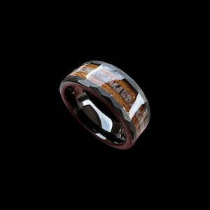 Deer Antler And Charred Whiskey Barrel Wood Mens Wedding Ring Black Hammered Tungsten, Mens Wooden Bands, Antler Ring, Comfort Fit, 8mm Band