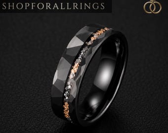 Golden Black Tungsten Carbide Ring, Couple Rings, Matching Wedding Band Set, Anniversary Gift