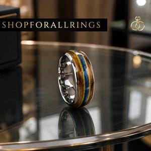 Gold Tungsten Ring, Whiskey Wood Inlay, Blue Opal Wedding Band, Guitar String Engagement Gift