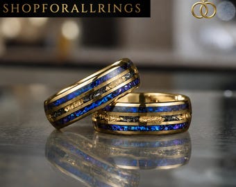 Blue Opal Tungsten Carbide Ring, Gold Meteorite Inlay,  Wedding Band for Him, Anniversary Gift