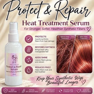 May include: A white spray bottle of Protect & Repair Heat Treatment Serum for synthetic fibers. The label features the text Protect & Repair Serum 4 fl oz. A comparison graphic shows hair before and after treatment, alongside text detailing benefits like heat protection, restoring softness, adding shine, and reducing frizz.