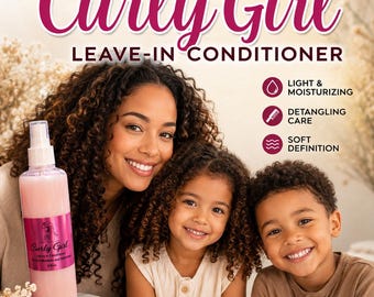 May include: A clear spray bottle of Curly Girl Leave-In Conditioner with a pink liquid, featuring text labels for light and moisturizing, detangling care, and soft definition. The product is marketed for all curl types, kids, and adults.