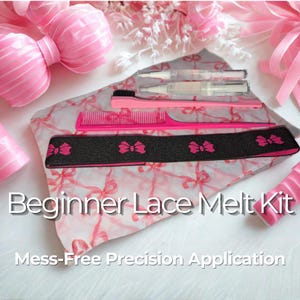 May include: A pink Beginner Lace Melt Kit with the text "Beginner Lace Melt Kit" and "Mess-Free Precision Application". The kit includes a pink comb, brush, headband, and two applicators.
