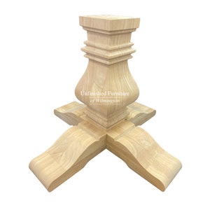 May include: Unfinished wood table base with a square top and four legs. The base is shaped like a vase with a flared top and a rounded bottom. The legs are curved and have a decorative design.