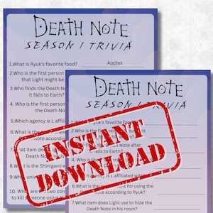 Death Note Staffel One Trivia, Anime Trivia, Trivia Spiele, printable Spiele, Anime Trivia Spiele, Anime Party Spiele, Trivia Party Spiele,