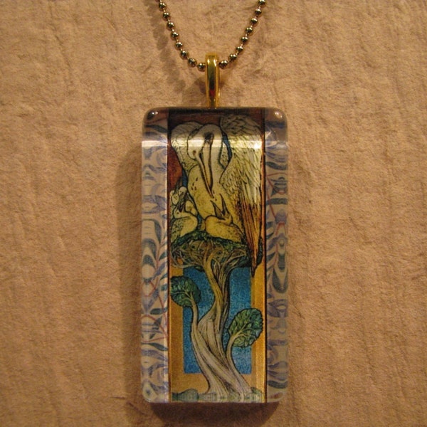 Pelican Pendant, William Morris, Glass Pendant, Stained Glass Art, Rectangle Glass, Pelican Necklace, Arts and Crafts, Gift for Mom